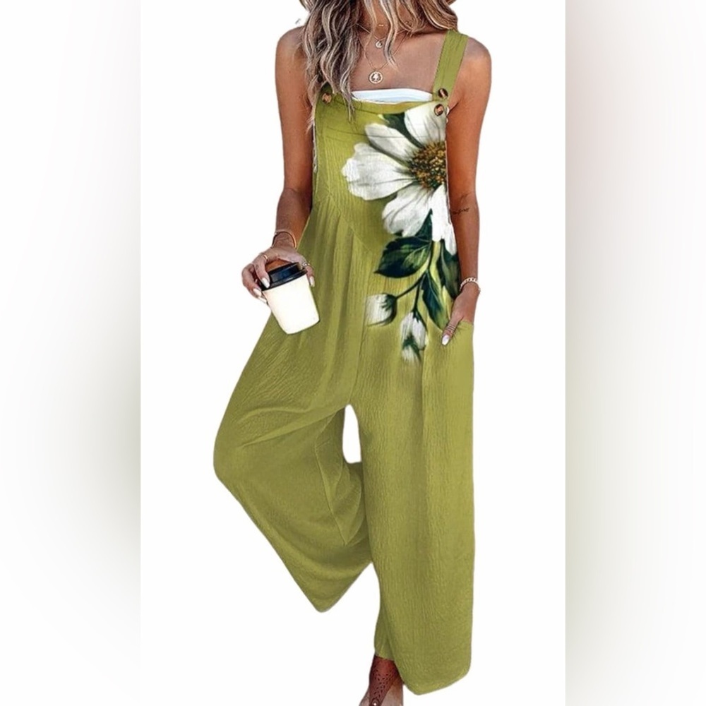 🆕Floral Overalls One Piece Wide Leg Pants Rompers with Pockets